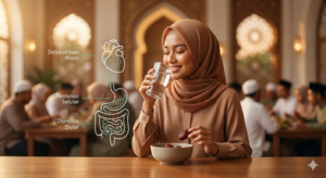 Ilustrasi infografis medis puasa Ramadan yang menunjukkan proses detoksifikasi organ tubuh saat berbuka puasa dengan kurma dan air putih.