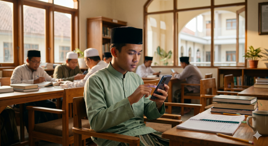 Seorang santri pria remaja berusia 18 tahun mengenakan peci hitam sedang fokus bermain sosial media menggunakan smartphone di lingkungan pesantren[cite: 1, 14, 62].