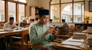 Seorang santri pria remaja berusia 18 tahun mengenakan peci hitam sedang fokus bermain sosial media menggunakan smartphone di lingkungan pesantren[cite: 1, 14, 62].